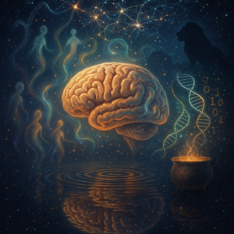 Cerebro flotando en universo con ADN y siluetas